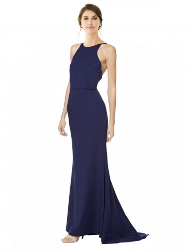 Discount Fishtail High Neck Maxi Formal Crepe Bridesmiad Dress with Strappy Back Detail UK