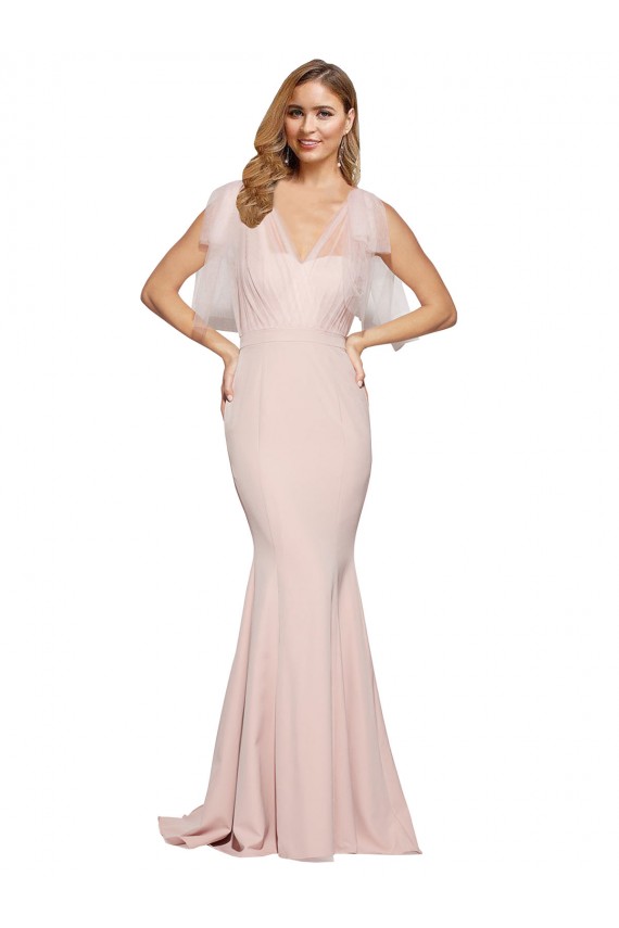 Discount Double Bow Full Length Sweetheart Formal Crepe Bridesmaid Dress / Prom Dress with Tulle Overlay UK