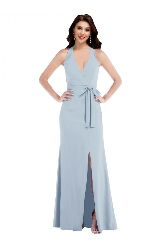 Discount Open Back Halter Maxi Formal Crepe Bridesmaid Dress / Prom Dress with Draped Bow UK