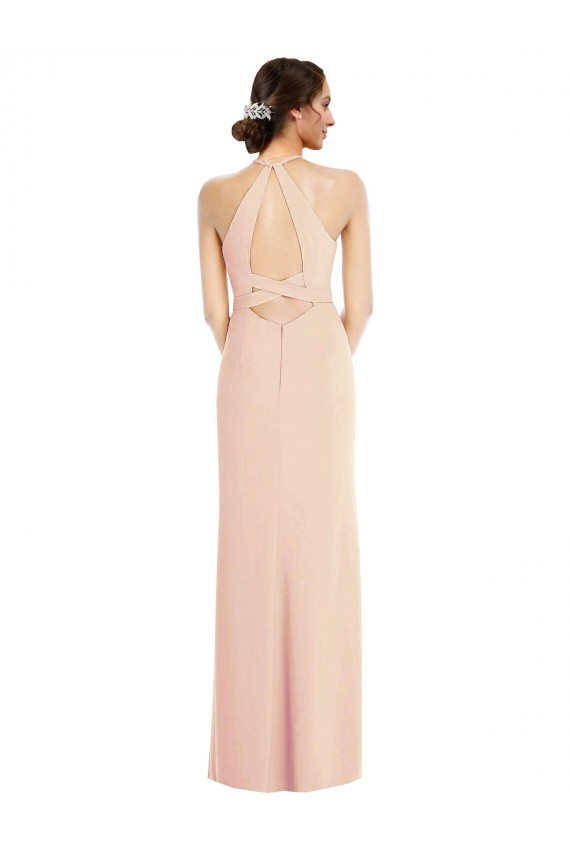 Discount Halter Criss Cross Cutout Back Maxi Formal Crepe Bridesmaid Dress / Prom Dress UK
