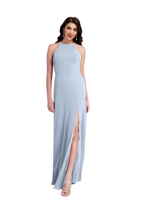 Discount Fit and Flare High Neck Formal Crepe Bridesmaid Dress / Prom Dress with Side Slit UK