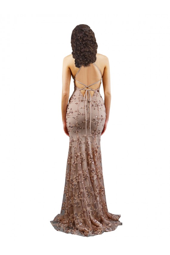 Discount Floral Patterned Backless V-Neckline Sequin Formal Bridesmaid Dress / Prom Dress UK