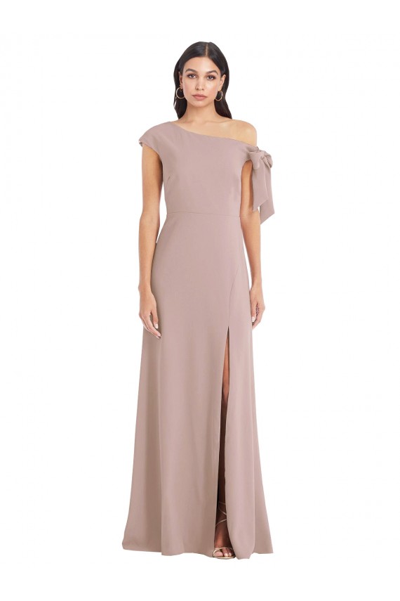 Discount Off the Shoulder Tie Detail Maxi Formal Crepe Bridesmaid Dress / Prom Dress with Front Slit UK