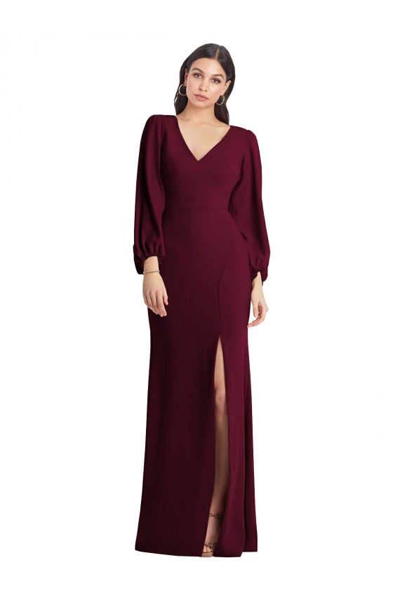 Discount Long Puff Sleeve V-Neck Trumpet Bridesmaid Maxi Dress UK