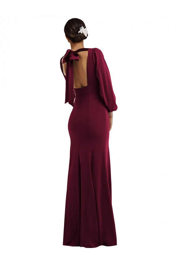 Discount Bishop Sleeve Open Back Trumpet Formal Crepe Bridesmaid Dress / Prom Dress with Scarf Tie UK