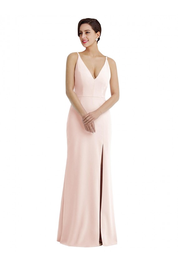 Discount Skinny Strap Deep V-Neck Trumpet Formal Crepe Bridesmaid Dress / Prom Dress with Front Slit UK