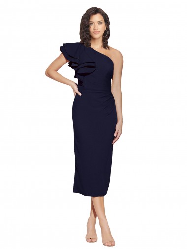 Discount Ruched Midi Length Short Cocktail Formal Crepe Bridesmaid Dress / Prom Dress with Shoulder Ruffles UK