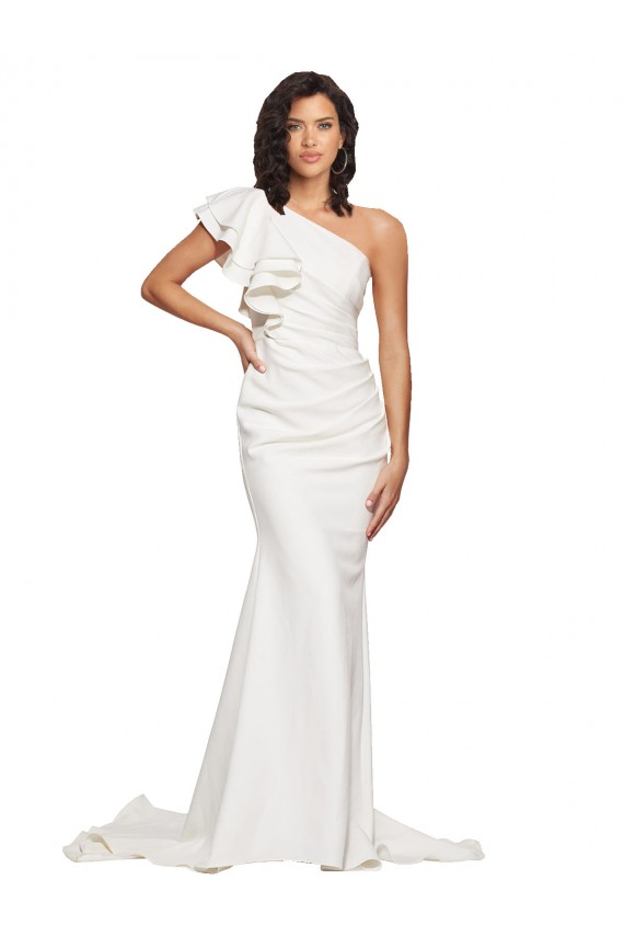 Discount Ruched Long Sweep Train Crepe Bridesmaid Dress / Prom Dress with Shoulder Ruffles UK