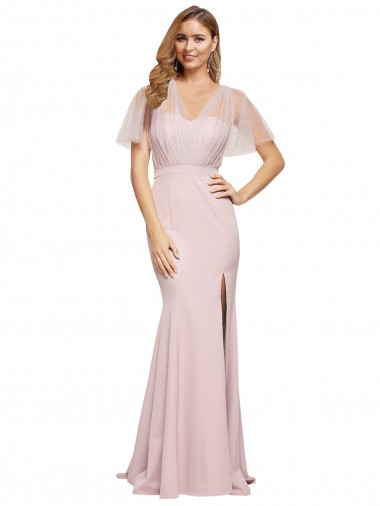 Discount Crepe Long Sweetheart Neckline Formal Bridesmaid Dress / Prom Dress with Tulle Overlay Shoulders UK