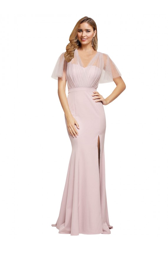 Discount Crepe Long Sweetheart Neckline Formal Bridesmaid Dress / Prom Dress with Tulle Overlay Shoulders UK