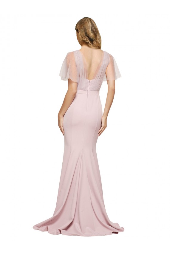 Discount Crepe Long Sweetheart Neckline Formal Bridesmaid Dress / Prom Dress with Tulle Overlay Shoulders UK