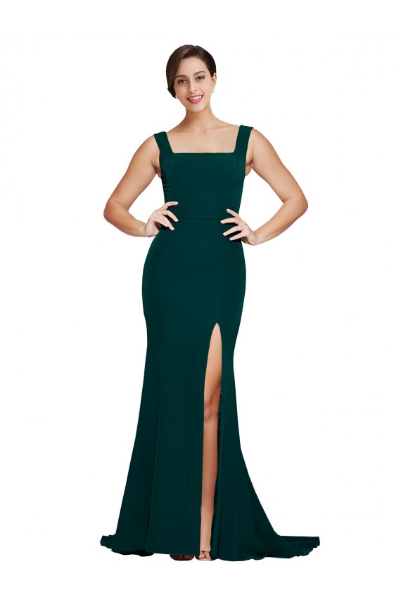 Discount Fitted Square Neck Long Crepe Bridesmaid Dress / Prom Dress with Train and Side Split UK