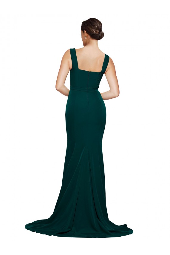 Discount Fitted Square Neck Long Crepe Bridesmaid Dress / Prom Dress with Train and Side Split UK