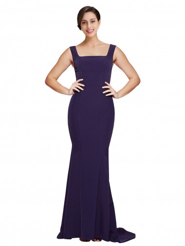 Discount Square Neck Long Sweep Train Crepe Bridesmaid Dress / Prom Dress with Thick Straps UK