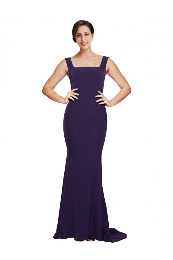 Discount Square Neck Long Sweep Train Crepe Bridesmaid Dress / Prom Dress with Thick Straps UK