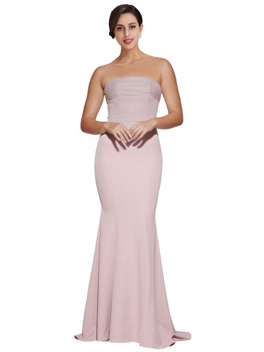 Discount Straight Neck Long Strapless Formal Crepe Bridesmaid Dress / Prom Dress with Soft Tulle Overlay and Small Train UK