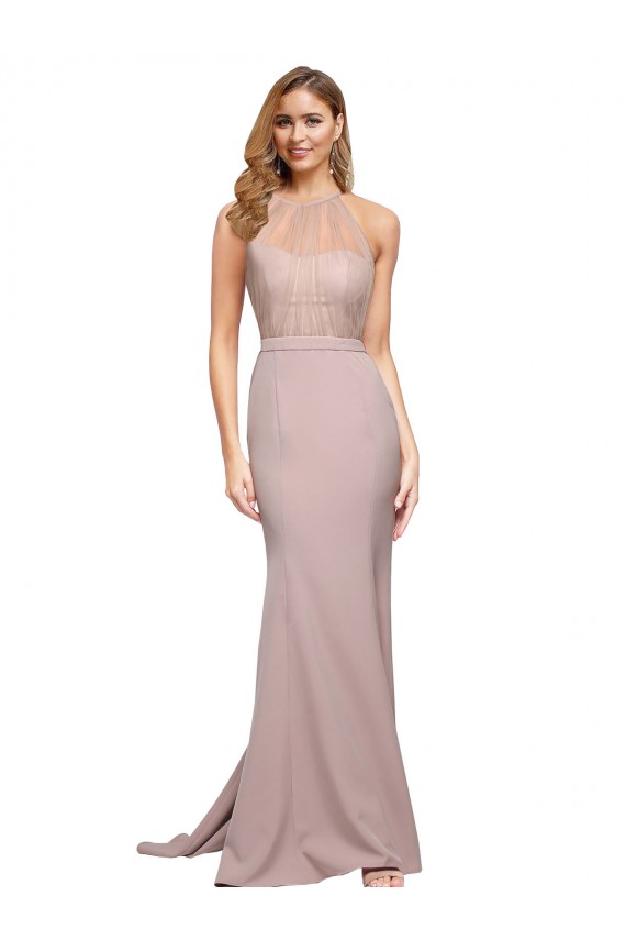 Discount Long Sweetheart Formal Crepe Bridesmaid Dress / Prom Dress with High Neck Illusion Tulle Details UK