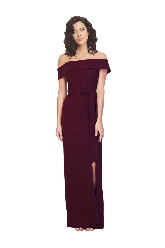 Discount Fitted Full Length Off the Shoulder Formal Crepe Bridesmaid Dress / Prom Dress with Side Split and Waist Tie UK