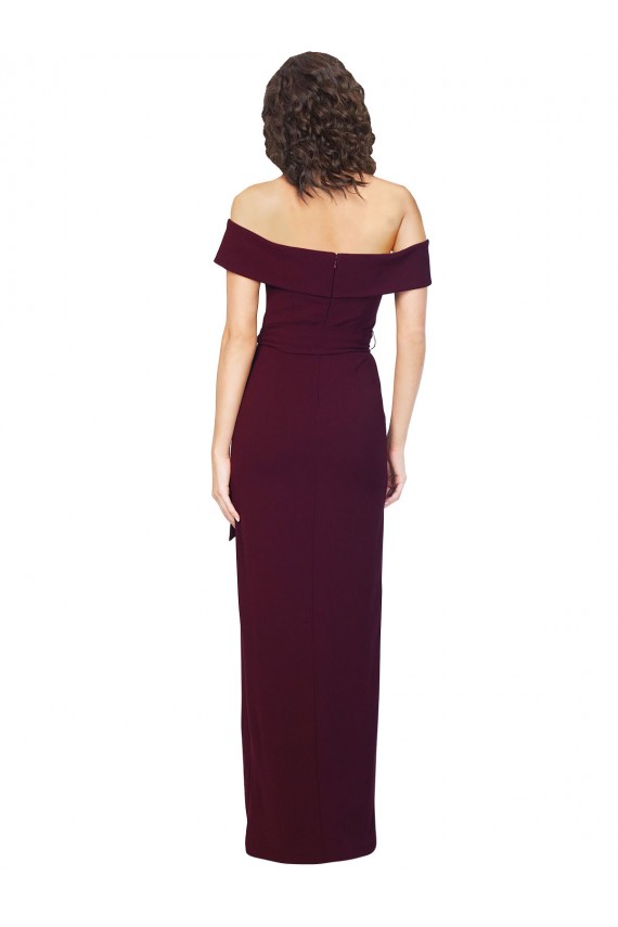 Discount Fitted Full Length Off the Shoulder Formal Crepe Bridesmaid Dress / Prom Dress with Side Split and Waist Tie UK