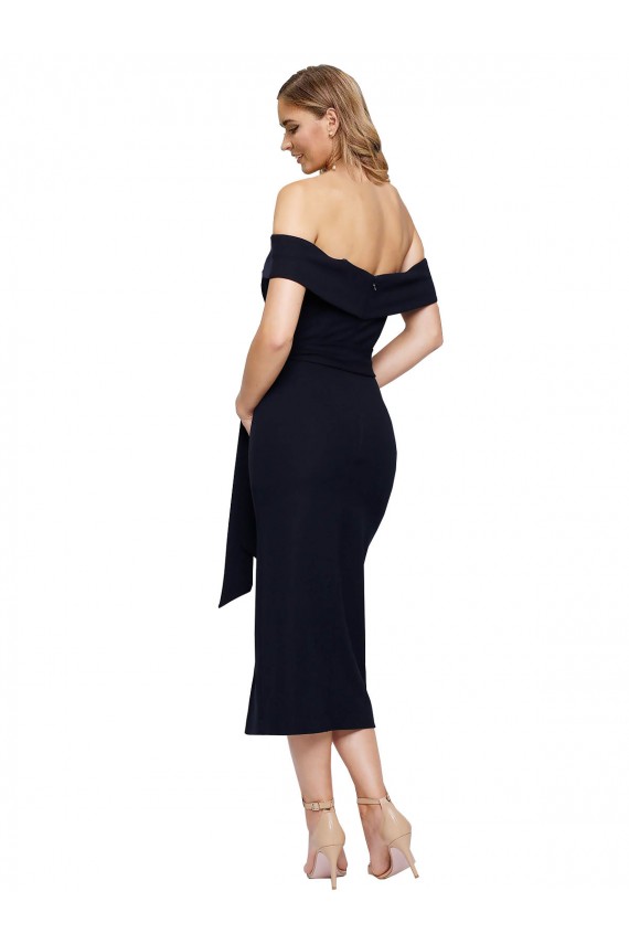 Discount Fitted Short Cocktail Midi Length Off the Shoulder Formal Crepe Bridesmaid Dress / Prom Dress with Side Split and Waist Tie UK