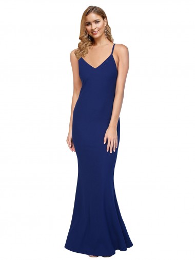 Discount Full Length V-Neckline Formal Crepe Bridesmaid Dress / Prom Dress with Thin Straps and Fulted Skirt UK