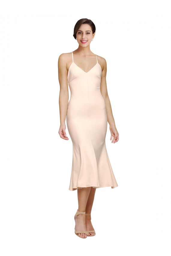 Discount Midi Cocktail Length V-Neckline Crepe Bridesmaid Dress / Prom Dress with Thin Straps and Fulted Skirt UK