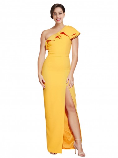 Discount One Shoulder Floor Length Formal Crepe Bridesmaid Dress / Prom Dress with Thigh High Split UK