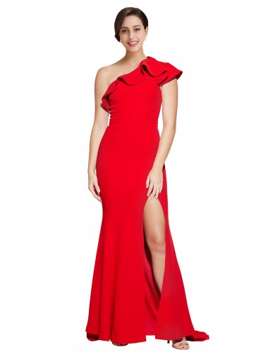 Discount One Shoulder Long Sweep Train Crepe Bridesmaid Dress / Prom Dress with Thigh High Split UK