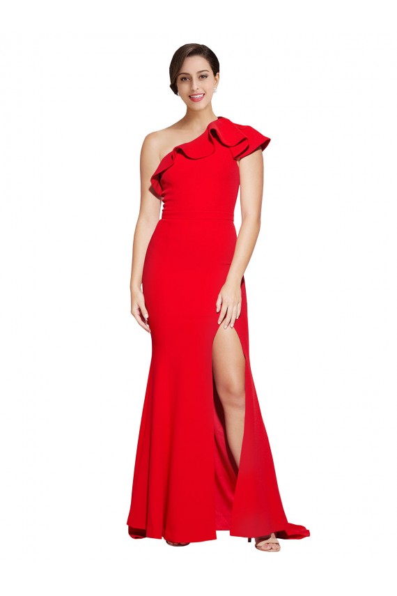 Discount One Shoulder Long Sweep Train Crepe Bridesmaid Dress / Prom Dress with Thigh High Split UK
