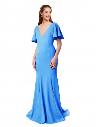 Discount Short Sleeves Long V-Neck Crepe Bridesmaid Dress / Prom Dress with V-Back UK
