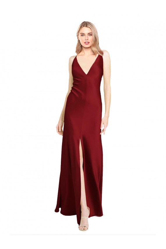 Discount Floor Length Deep V-Back Formal Stretch Satin Bridesmaid Dress / Prom Dress with Front Slit UK