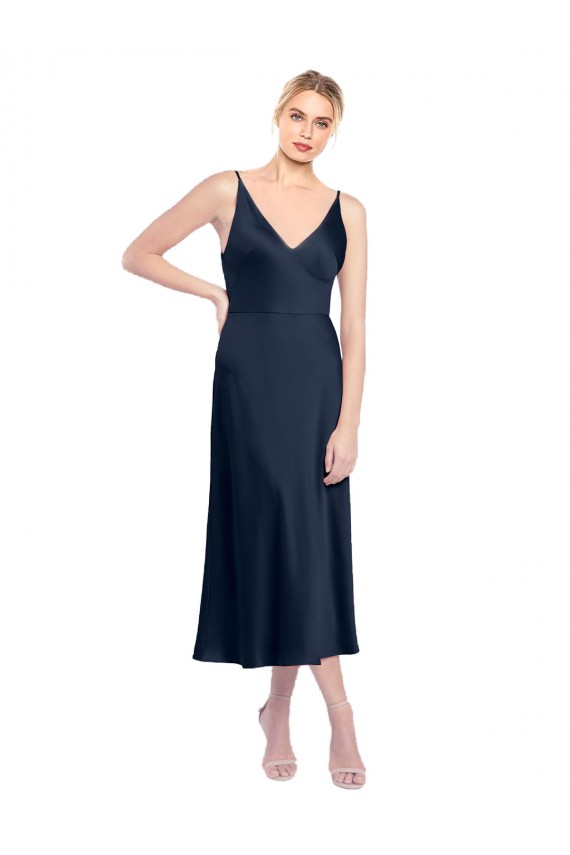 Discount V-Neck Midi Length Short Cocktail Formal Stretch Satin Bridesmaid Dress / Prom Dress V-Back UK