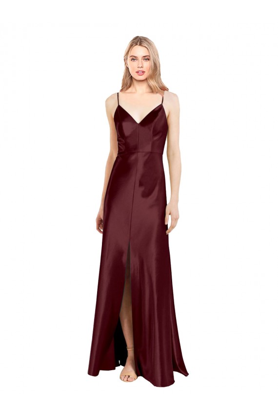 Discount Sleek Spaghetti Straps V-Neck Formal Stretch Satin Bridesmaid Dress / Prom Dress with Center Front Slit UK