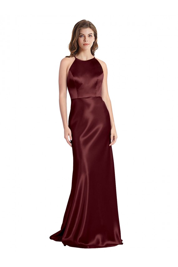 Discount High Neck Halter Long Sleeveless Formal Stretch Satin Bridesmaid Dress / Prom Dress with Strappy Back UK