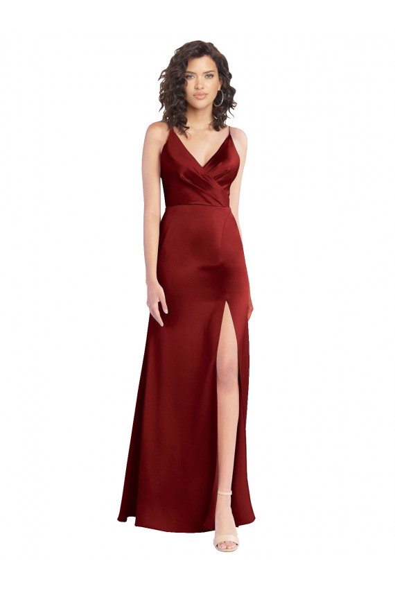 Discount Faux Surplice Neckline Long Slim A-Line Formal Stretch Satin Bridesmaid Dress / Prom Dress UK