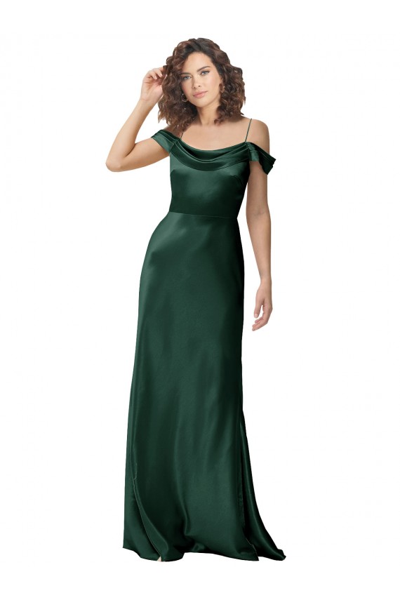 Discount Off the Shoulder Sleeves Long Formal Stretch Satin Bridesmaid Dress / Prom Dress with Pleated Draped Neckline UK