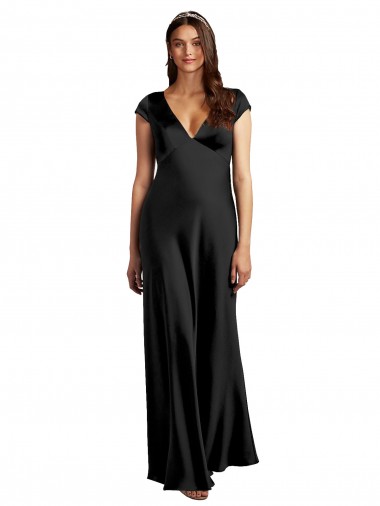Discount Plunging V-Neck Cap Cleeves Long Formal Stretch Satin Bridesmaid Dress / Prom Dress with Keyhole Back UK