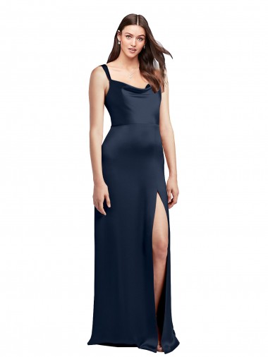 Discount Cowl Neck Soft Long Formal Stretch Satin Bridesmaid Dress / Prom Dress with Side Slit and Pleated Straps UK