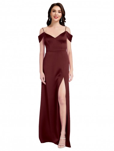 Discount Draped Off the Shoulder Sleeves Slim A-Line Formal Stretch Satin Bridesmaid Dress / Prom Dress with Side Slit UK