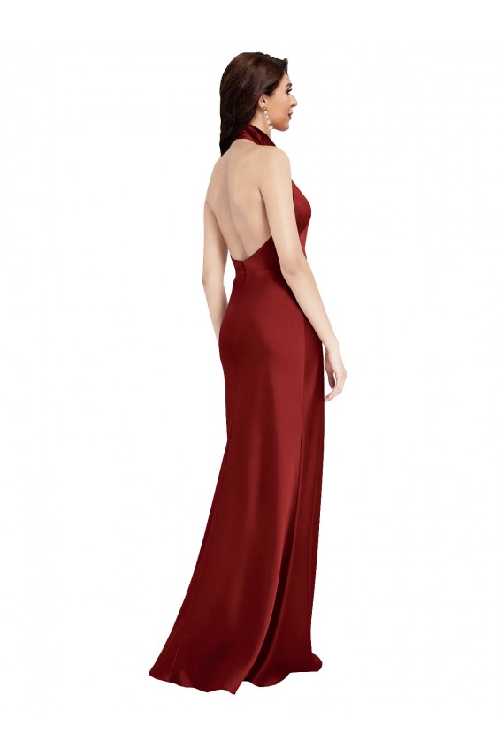 Discount Backless Halter Long Formal Stretch Satin Bridesmaid Dress / Prom Dress UK