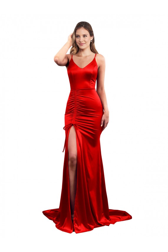 Discount Long Pleated Formal Stretch Satin Bridesmaid Dress / Prom Dress with High Slit UK