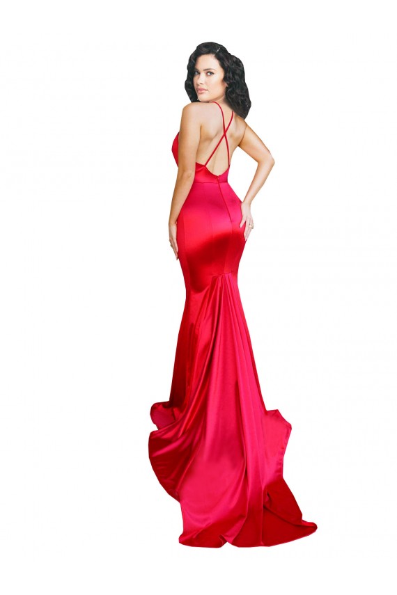 Discount Mermaid Open Back Long Formal Stretch Satin Bridesmaid Dress / Prom Dress with High Slit UK