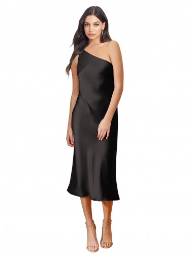 Discount Sleek One Shoulder Midi Length Short Cocktail Formal Stretch Satin Slip Bridesmaid Dress / Prom Dress UK