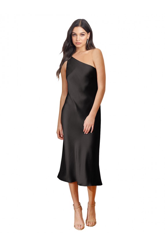 Discount Sleek One Shoulder Midi Length Short Cocktail Formal Stretch Satin Slip Bridesmaid Dress / Prom Dress UK