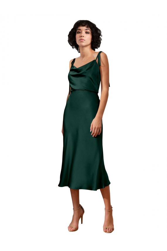 Discount Spaghetti Straps Tie Shoulders Cowl Neck Short Midi Length Formal Stretch Satin Cocktail Bridesmaid Dress / Prom Dress UK