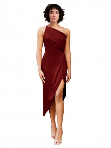 Discount One Shoulder Cocktail Midi Length Short Formal Stretch Satin Wrap Style Bridesmaid Dress / Prom Dress UK