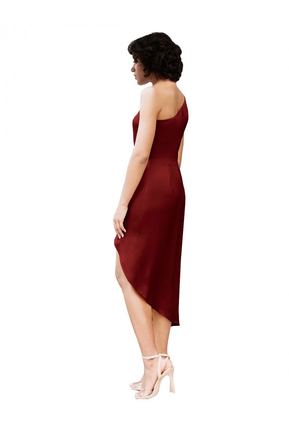 Discount One Shoulder Cocktail Midi Length Short Formal Stretch Satin Wrap Style Bridesmaid Dress / Prom Dress UK