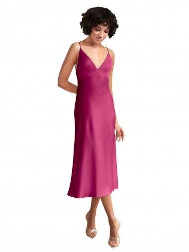 Discount Midi Length V-Neck Short Formal Stretch Satin Bridesmaid Dress / Cocktail Prom Dress with Low Scoop Back UK
