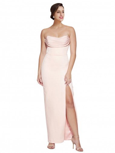 Discount Cowl Neck Strapless Formal Stretch Satin Bridesmaid Dress / Prom Dress with High Split UK