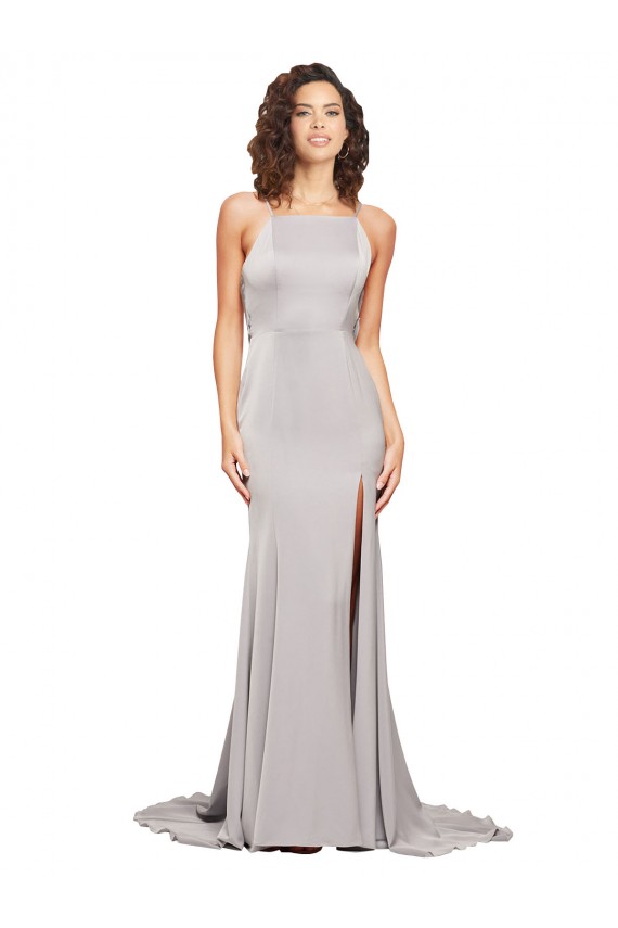 Discount High Neck Low Back Long Full Length Formal Stretch Satin Bridesmaid Dress / Prom Dress UK